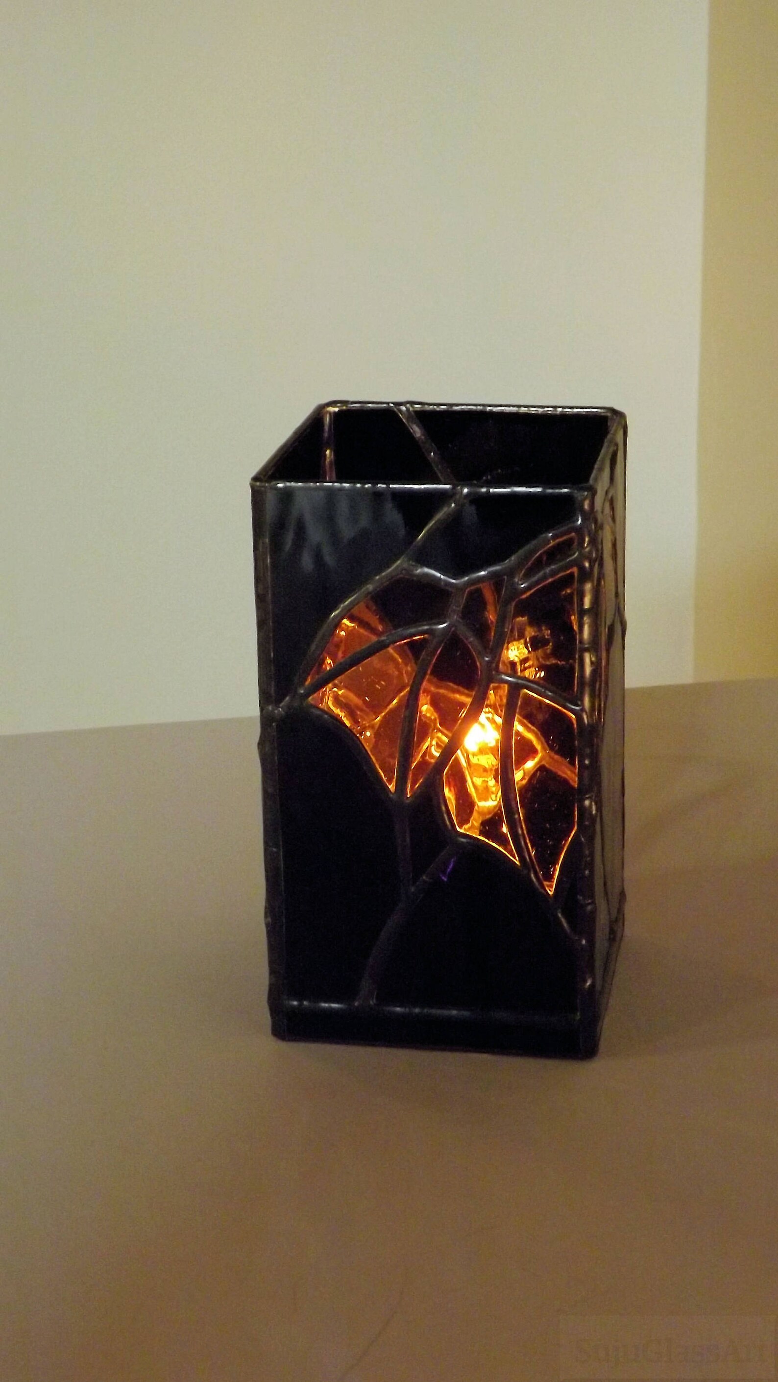 Stained Glass Night Light Table Top Accent Lamp Black Gold Etsy