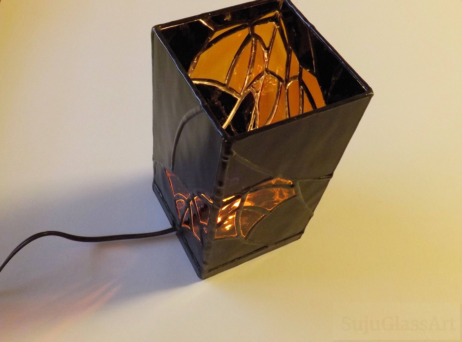 Stained Glass Night Light Table Top Accent Lamp Black Gold Etsy