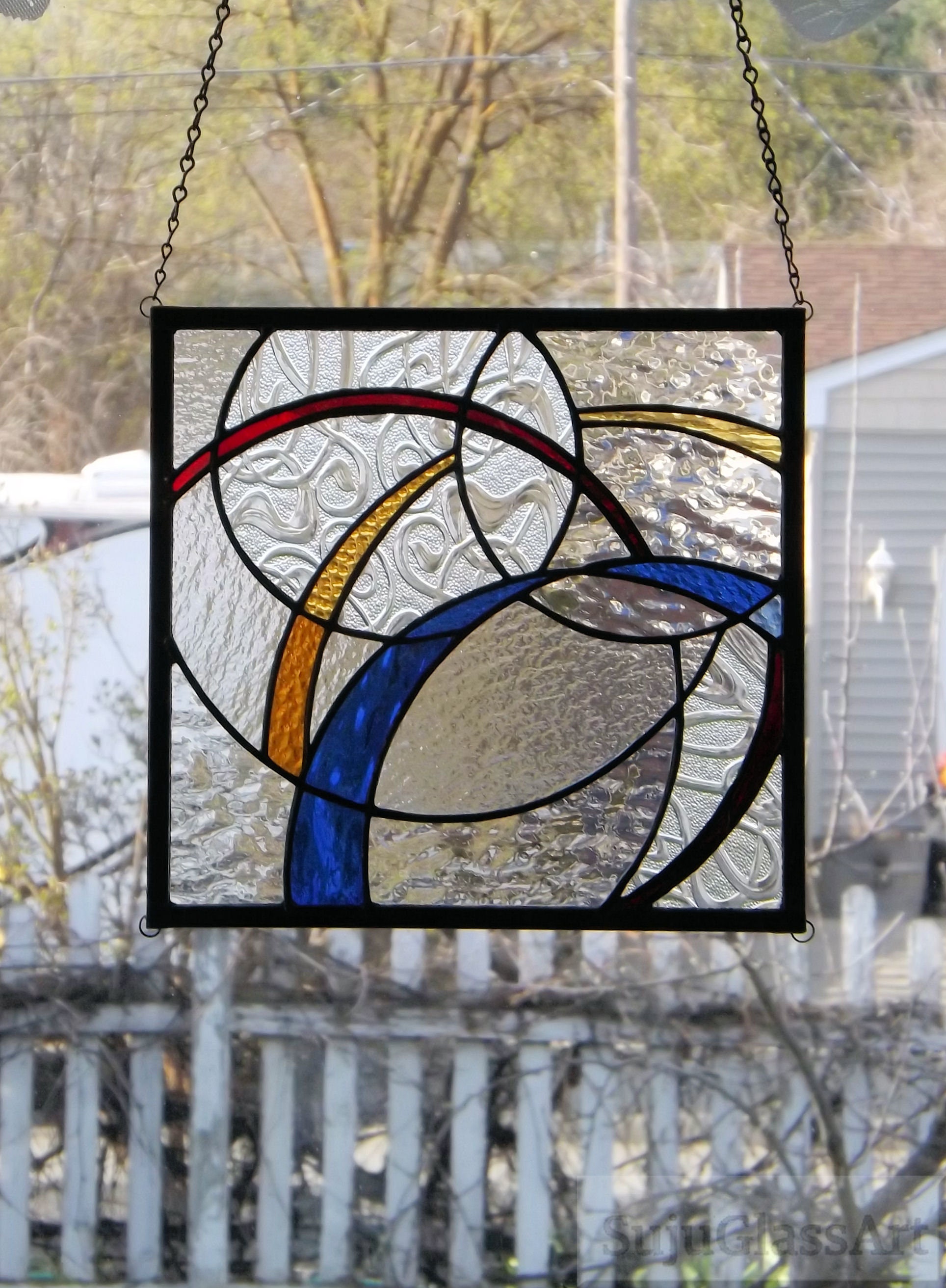 Swirling Ribbons Stained Glass Panel Geometric Abstract Primary Colors