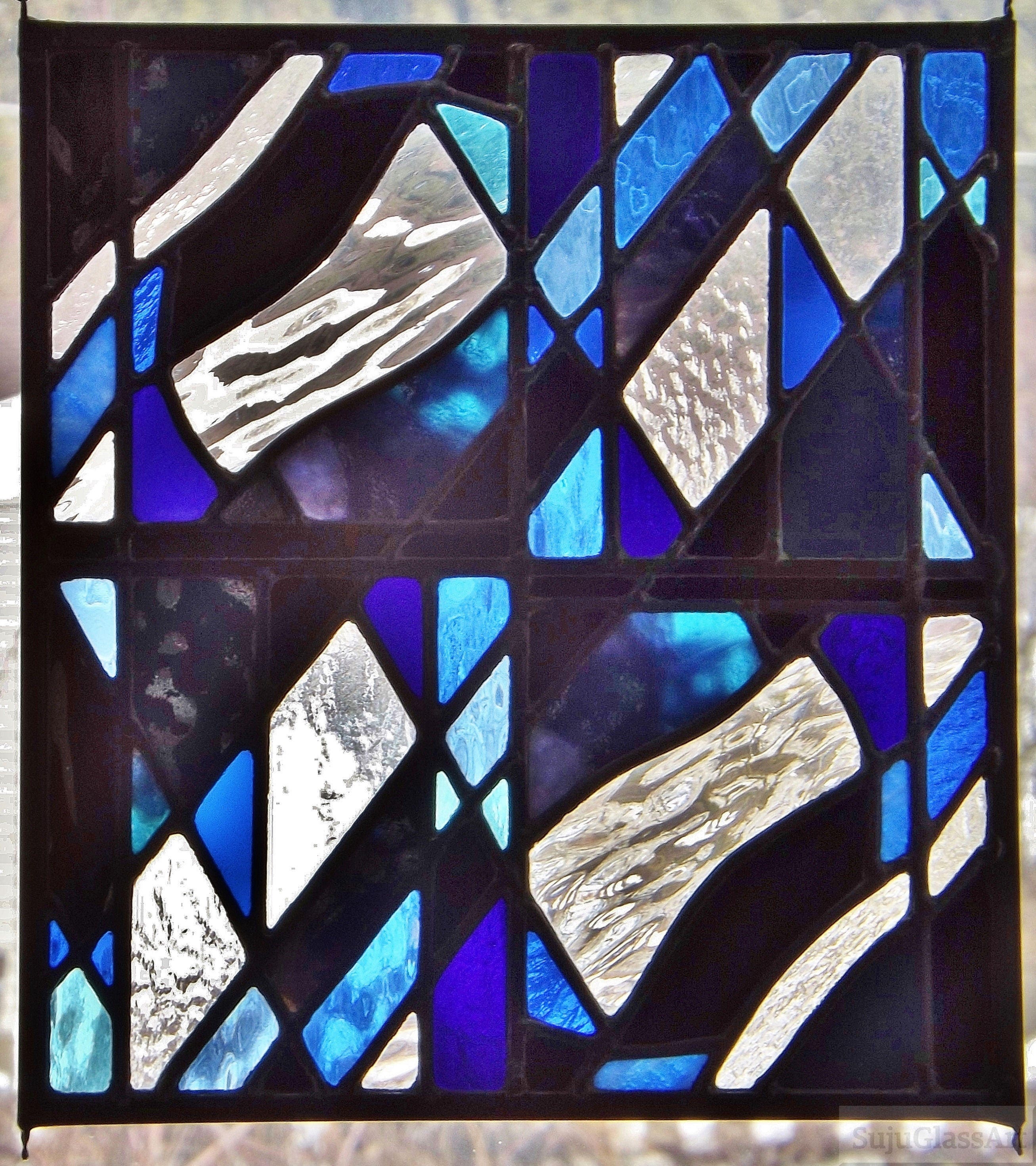 Stained Glass Panel Abstract Blue Black Geometric Design Clear Textured