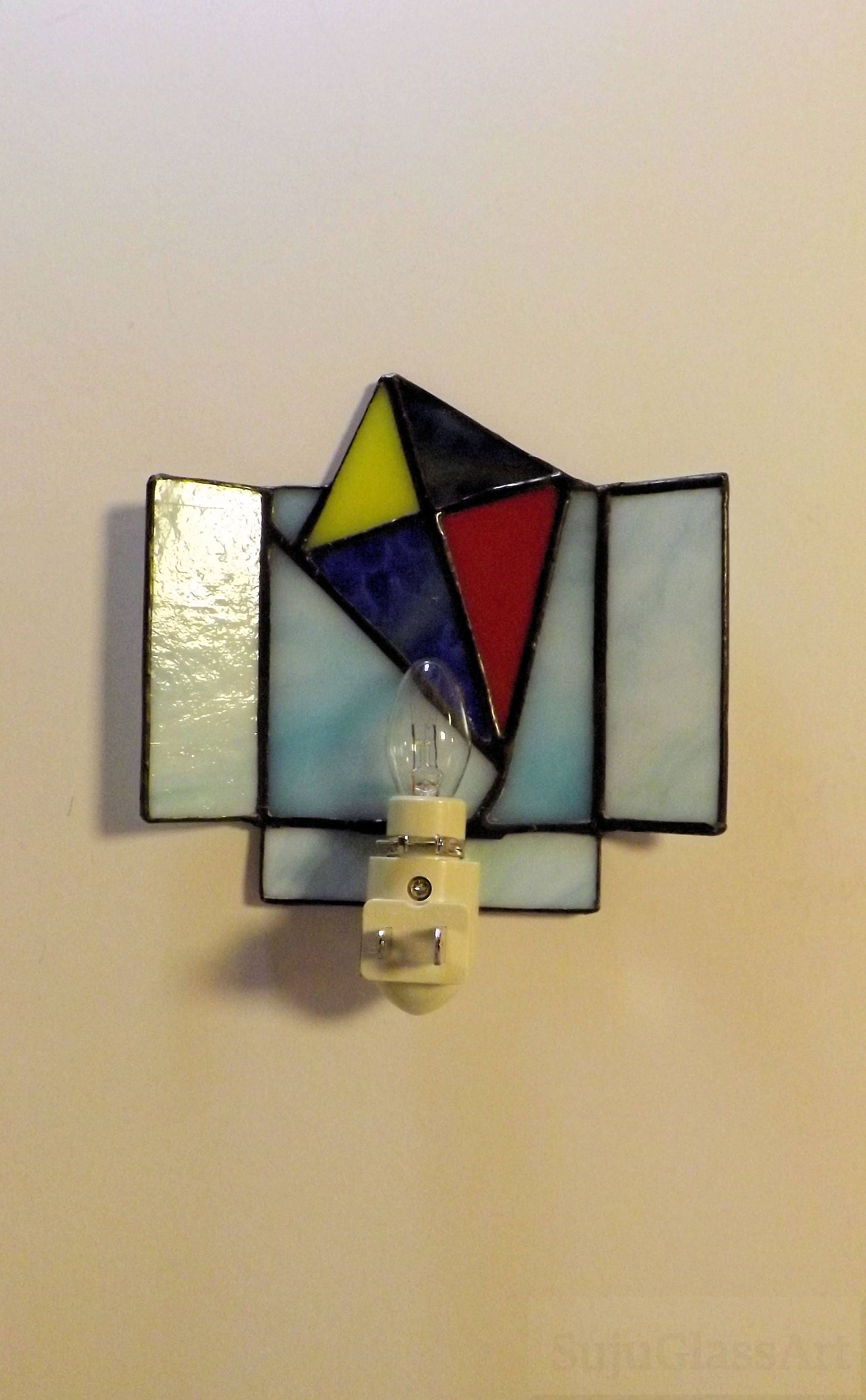 Flying High Night Light Stained Glass Kite Red Blue Yellow Home Decor Handmade