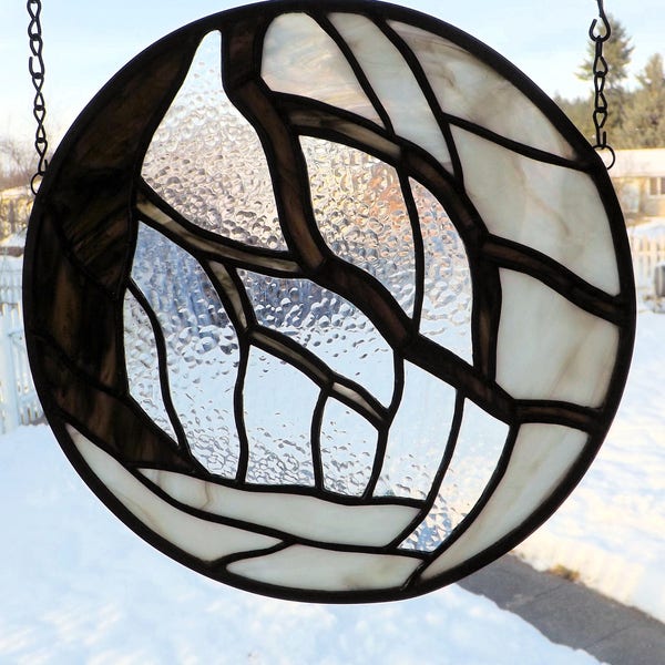 Stained Glass Panel Tree Branch Snow Ice Circle Sun Catcher Window Wall Winter Scene Handmade Original