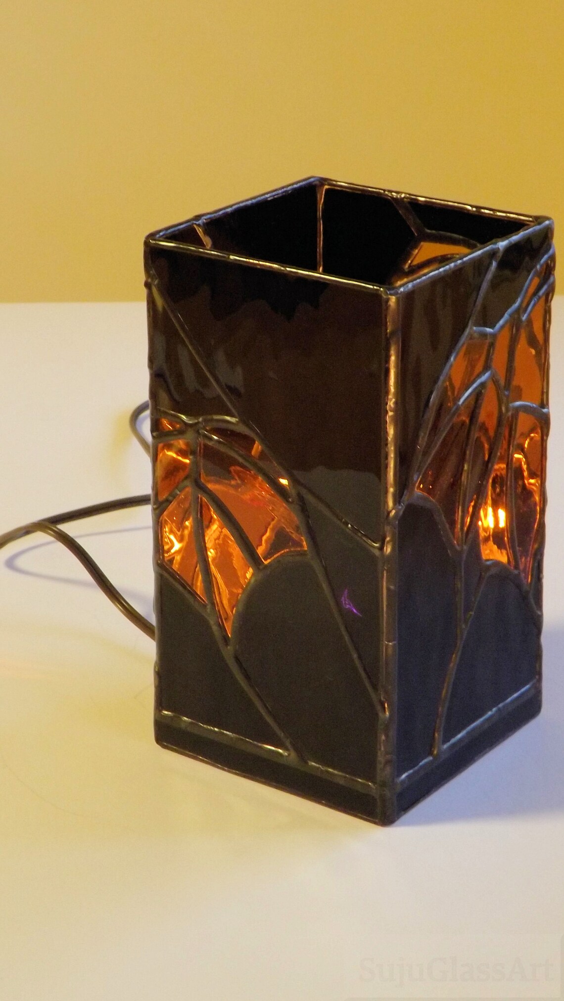 Stained Glass Night Light Table Top Accent Lamp Black Gold Etsy