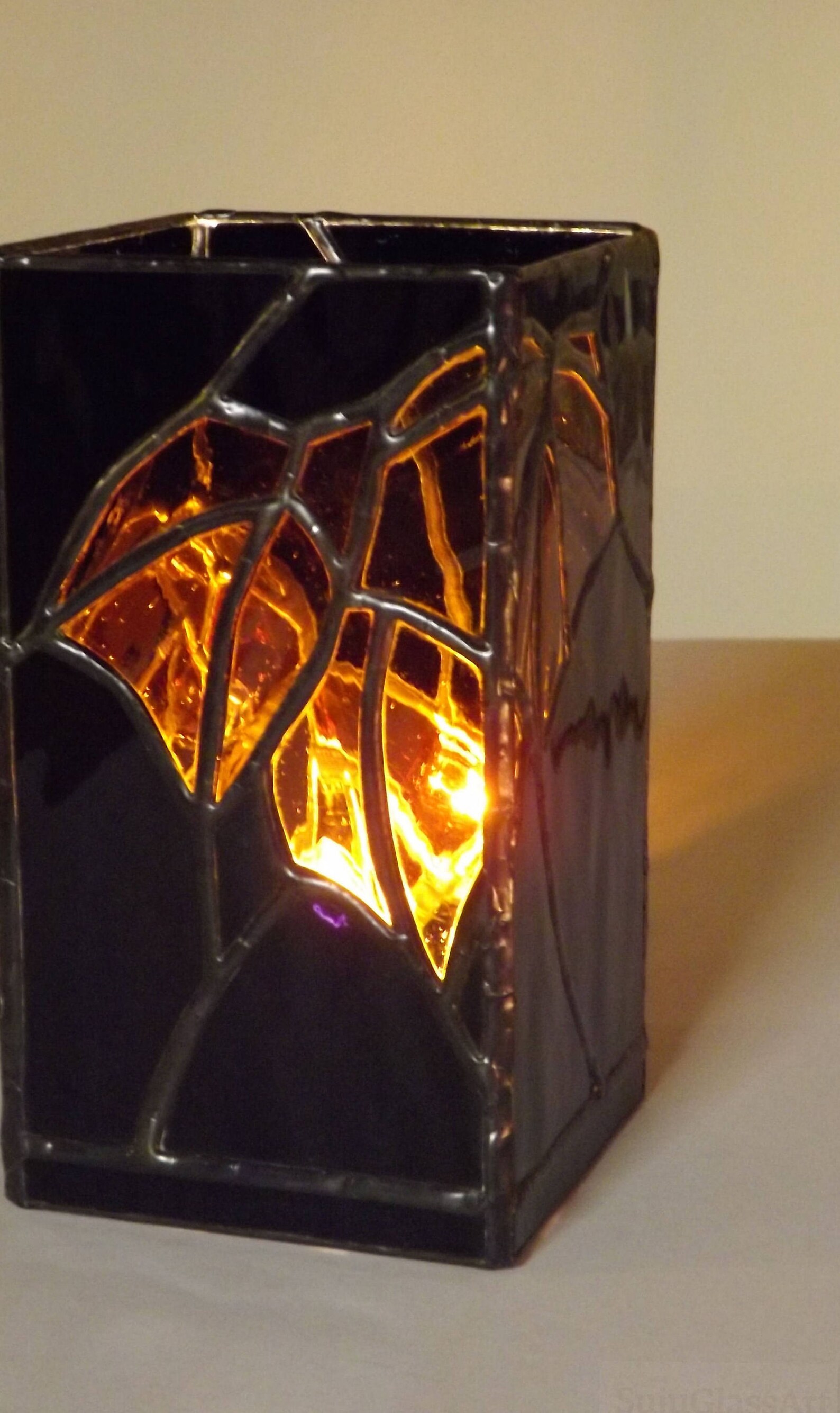 Stained Glass Night Light Table Top Accent Lamp Black Gold Etsy
