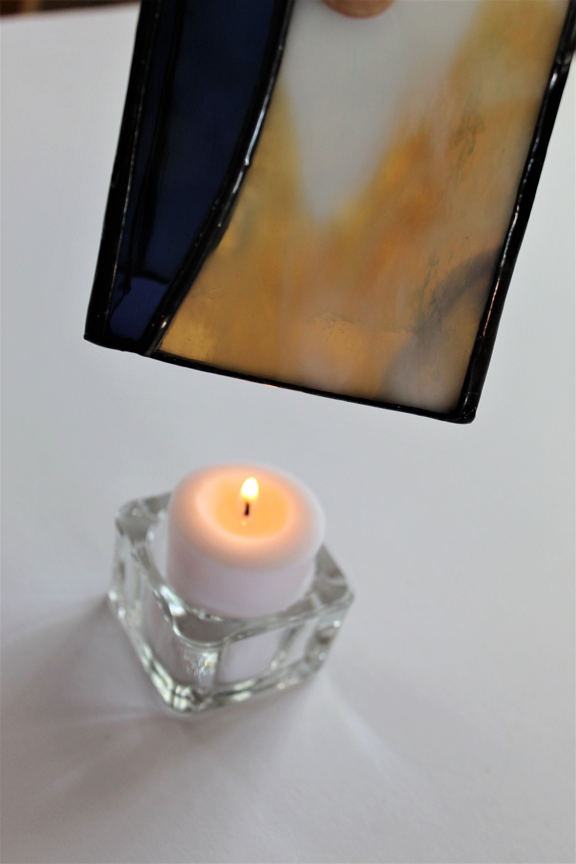Candle Holder With Handmade Stained Glass Surround Blue White Amber Art