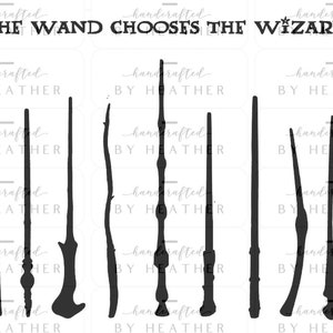 May include: A collection of black wand silhouettes with varying designs. The text "THE WAND CHOOSES THE WIZARD" is at the top. The words "handcrafted BY HEATHER" are repeated throughout the image.