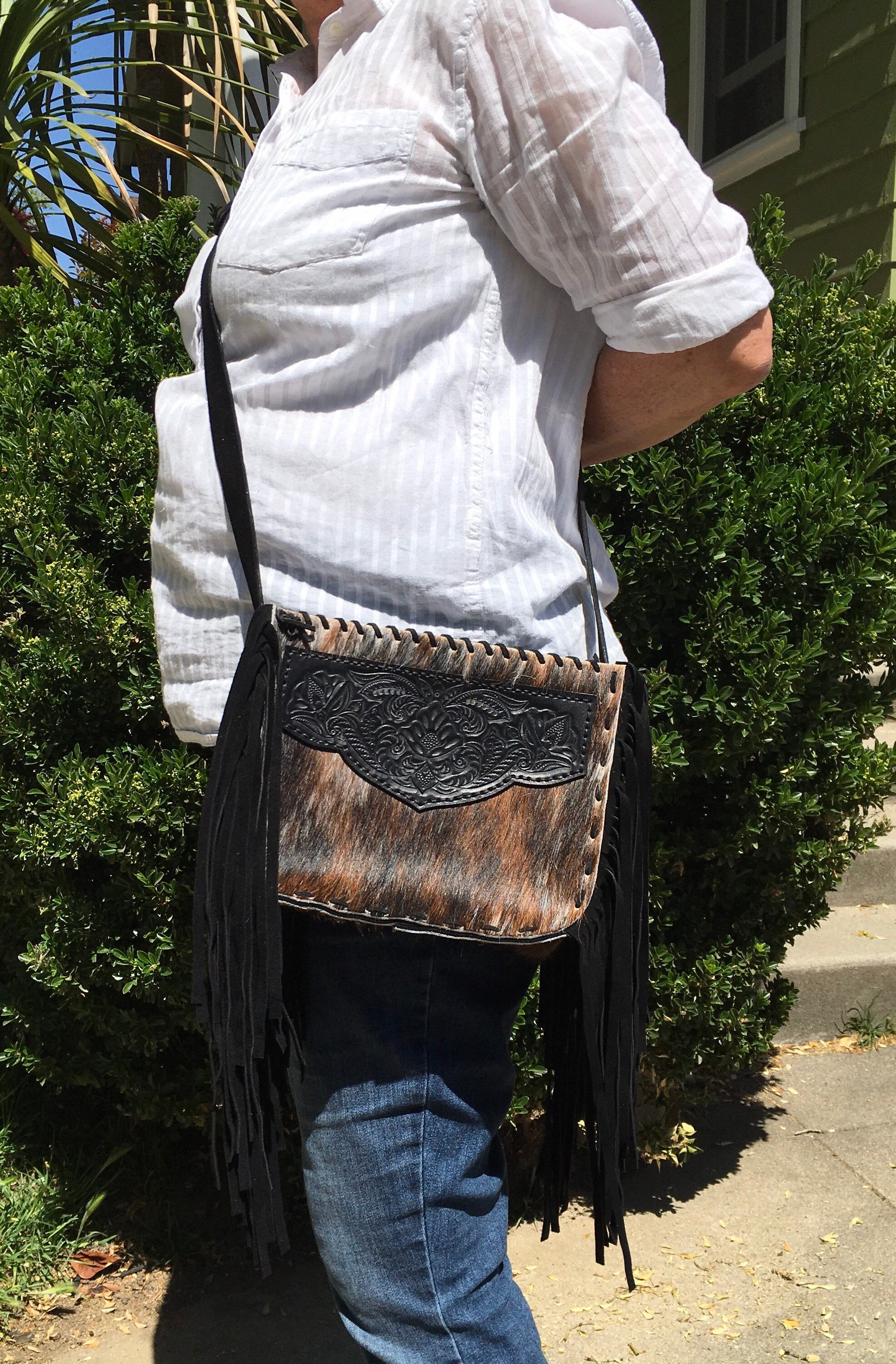 Western fringe cowhide crossbody purse Etsy