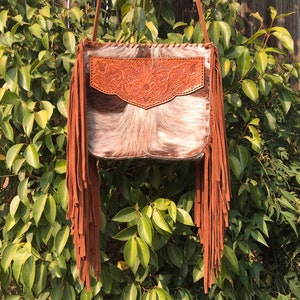 Western fringe cowhide crossbody purse