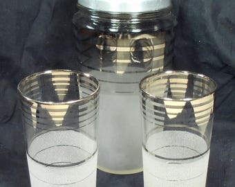 Vintage Cocktail Shaker and Matching Glasses, Frosted, silver accent  G003