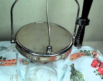 Unique Delicate etched glass Ice Bucket with tongs and attached lid  G002