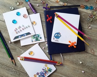 Monster themed memo pad - 40 pages - 4 unique designs - 4.25"x5.5" - mini notepad, memo pad, happy monsters. Lined & Unlined