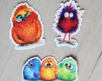 Set of 3  Cartoon Bird Decals - 3 silly birds, good for outdoor use, weatherproof stickers.