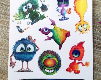 Monster mix sample sticker sheet - Planner Stickers - Journal Stickers - Scrap book stickers - fun happy monster stickers