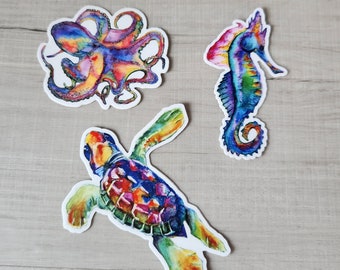 Set of 3 Ocean Decals - 3 Rainbow Ocean Decals, Outdoor use and weatherproof stickers. Seahorse, Turtle & Octopus