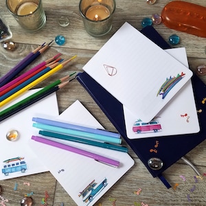 Surf themed memo pad - 40 pages - 4 unique designs - 4.25&quot;x5.5&quot; - mini notepad, memo pad, surf woody wagon, vw bus. Lined & Unlined