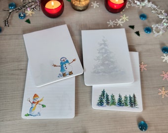 Winter mix memo pads, set of 4.  4.25x5.5  Snowmen and Winter Tree notepads