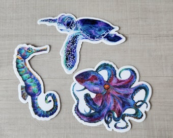 Set of 3 Ocean Decals - 3 Decals, Outdoor use and weatherproof stickers. Seahorse, Turtle & Octopus