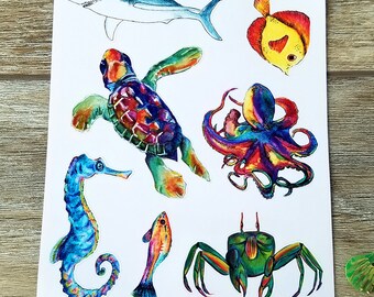 Ocean mix 2 sample sticker sheet - Planner Stickers - Journal Stickers - Scrap book stickers - turtle, octopus, seahorse crab stickers