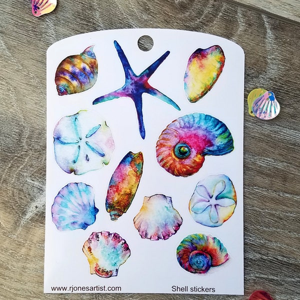 Seashell  sticker sheet - Planner Stickers - Journal Stickers - Scrap book stickers - cockle, sand dollar, seastar, mollusk