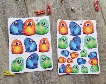 Cartoon Bird Planner Stickers - Journal Stickers - Bullet Journal - DIY Calendar sticker fun.  Mischief Maker Fluffy birds