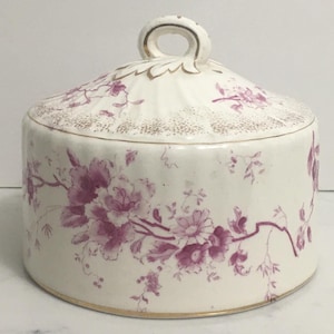 Antique Porcelain Cloche with Pink Flowers Gold Gilt Trim, Antique Porcelain Butter Keeper Lid, Antique Cheese Keeper Dome, Antique Dome