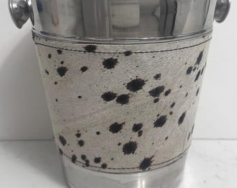 Vintage Stainless Steel Ice Bucket Wrapped with Spotted Cowhide by Mercer & Madison, Vintage Cow Hide Silvertone Champagne Ice Bucket