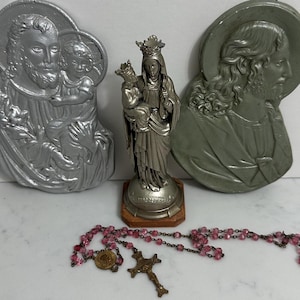Vintage LOT 4 Religious Items, Vintage Pink Rosary, Vintage St. Anne Statue, Vintage Cast Aluminum Metal Joseph & Jesus, and Chalkware Jesus
