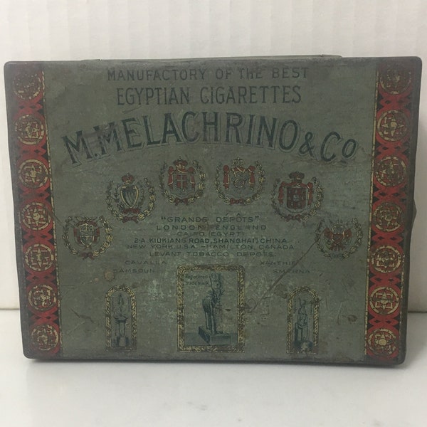 Antique  Hinged Tin Box Melachrino Egyptian Cigarettes, Antique Tobacciana, Antique Smoking Collectible, Antique Advertising Tin London