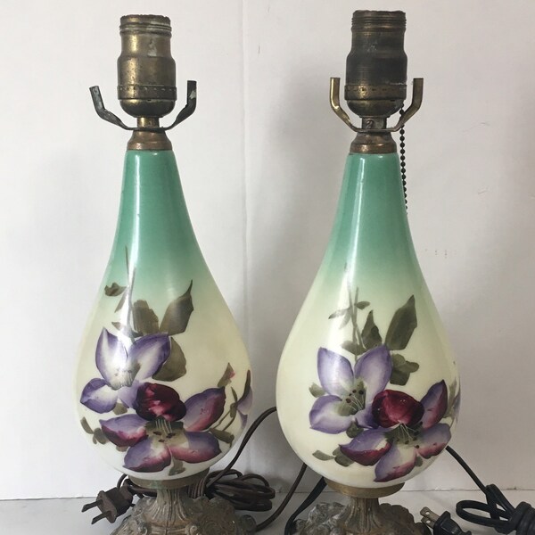 PAIR Antique Glass Lamps with Hand Painted Clematis Flowers, Antique Floral Painted Lamp Pair, Antique Green Lamps, Antique Table Lamp Pair