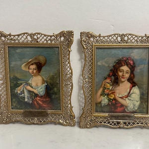 PAIR Vintage French Prints in Gold Gilt Pierced Metal Frames, Vintage French Gold Metal Framed with Portraits of Girls, Vintage French Art