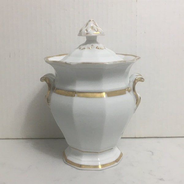 Antique Old Paris Porcelain Covered Urn Gold Gilt Trim, Antique French Porcelain Large Sugar Jar or Biscuit Barrel Antique French Lidded Urn
