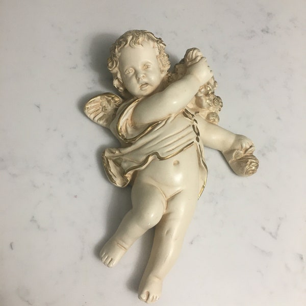 Vintage Chalkware Cherub Angel with Floral Garland, Vintage Plaster Putti Wall Plaque, Vintage Cupid Chalkware Wall Hanging Alexander Backer