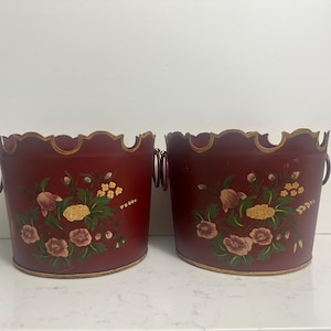 PAIR Vintage Tole Planters with Hand Painted Flowers Scalloped Top, Vintage Painted Floral Tole Planters, Vintage Tole Cache Pots, Jardinere