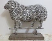 Vintage Pressed Metal Sheep Ram Sculpture Mounted on Wood, Vintage Sheep Statue, Vintage Ram, French Country Vintage Farmhouse Cottage Decor