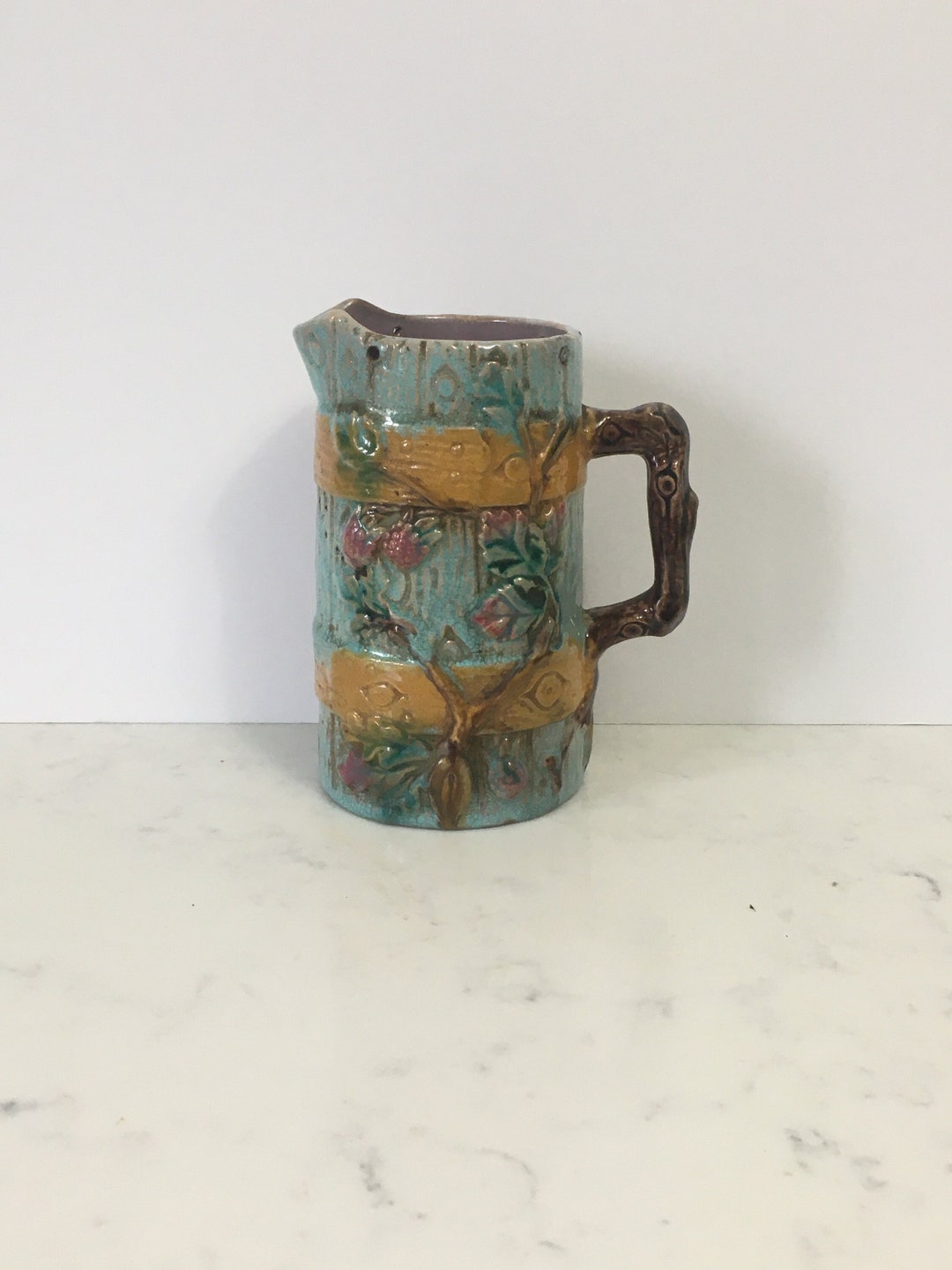 Vintage Raspberry Ceramic Pitcher Antique Majolica Pitcher, Antique Blue and Yellow Majolica Jug Antique ...