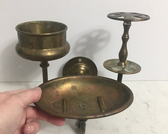 Antique Victorian Brass Bathroom Caddy with Cup Holder, Toothbrush Holder and Soapdish, Antique Sink Caddy, Antique Mounted Brass Caddy