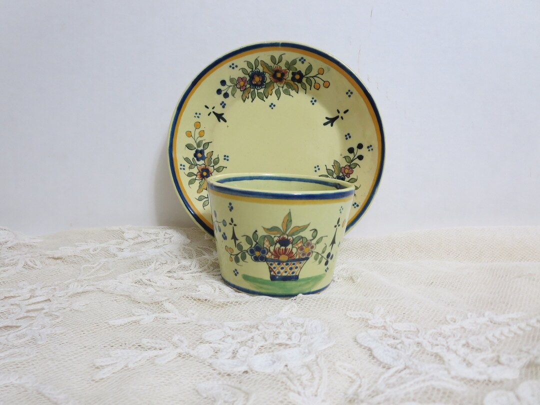 Antique French Quimper Cup and Saucer, Vintage French Pottery, Vintage French Faience, Vintage
