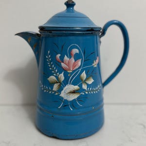 Antique French Blue Enamelware Coffee Pot with Pink Floral Design, Antique Enamelware Coffeepot, Antique French Graniteware, French Kitchen