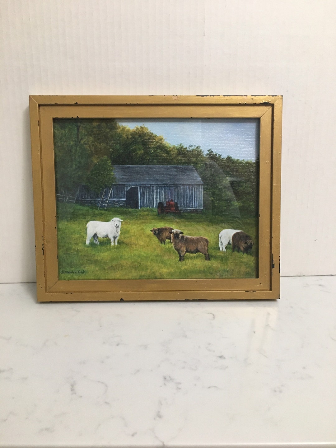 Framed Giclee Faux Painting Print on Canvas of Sheep in Meadow With ...