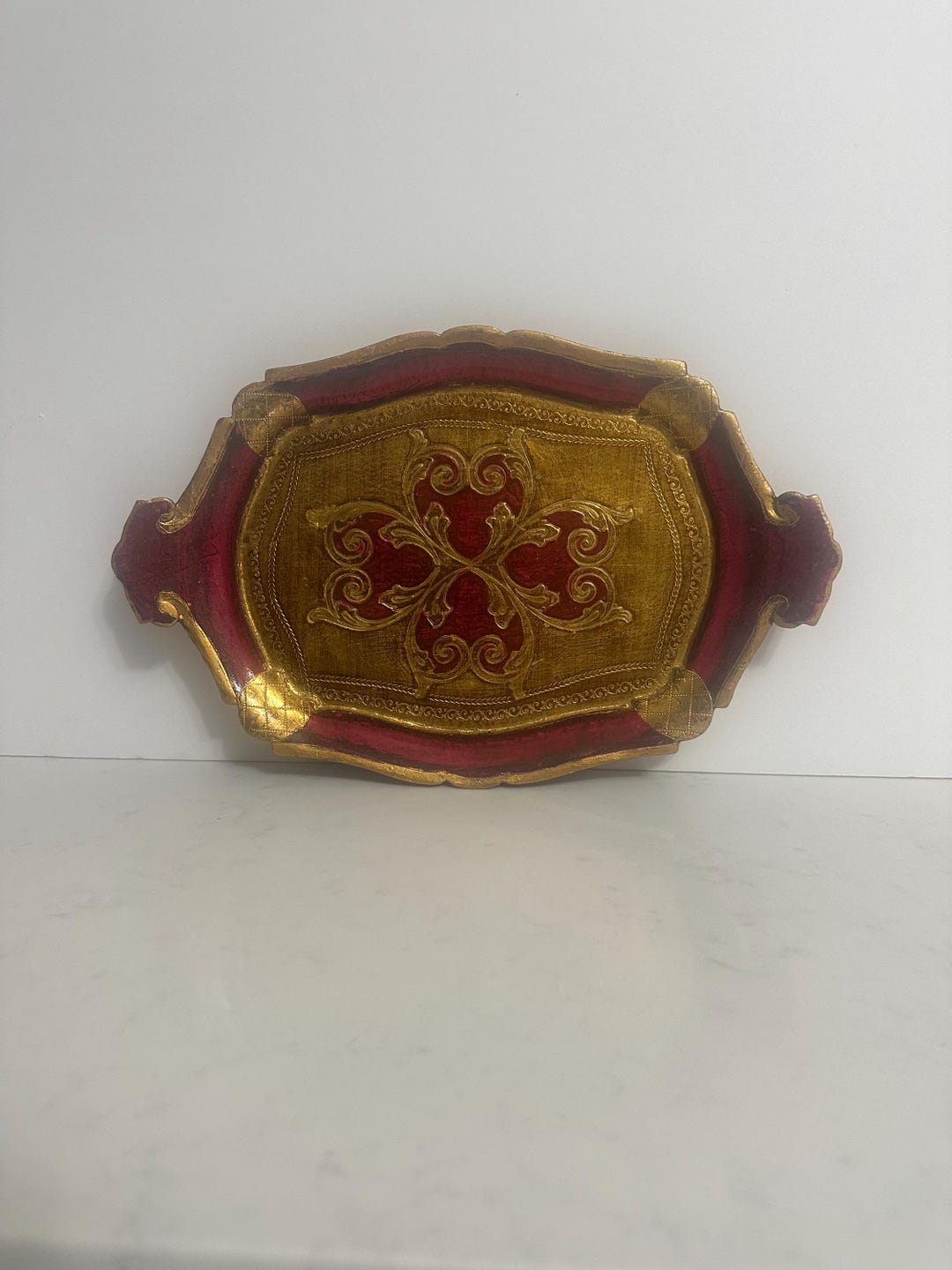 Vintage Red Florentine Tray With Gold Gilt Trim, Vintage Wooden Tray ...