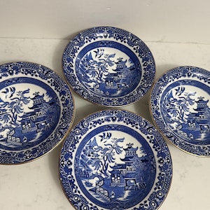 4 Antique Burleighware Willow Bowls Made in England, Antique Blue Transferware Willow Bowls, Antique Burleighware, Antique Blue Transferware