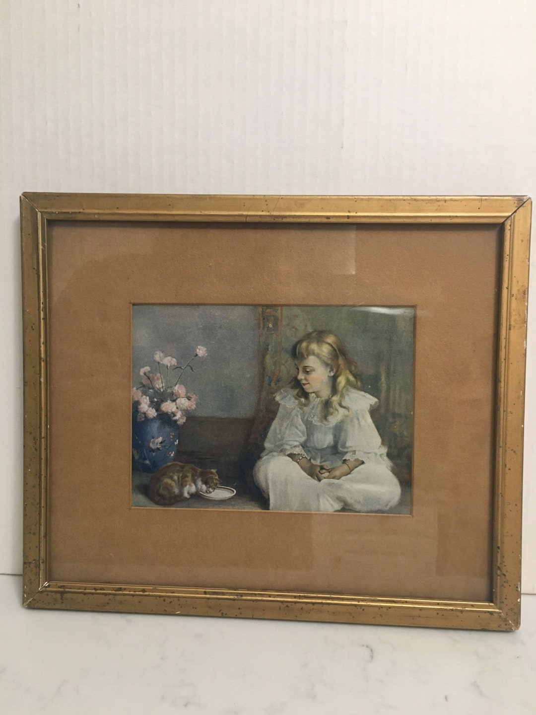 Vintage Art Print Girl With Kitten in Gold Wood Frame, Vintage Cat