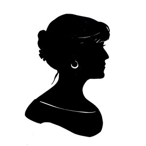 May include: Black and white silhouette of a person with their hair pulled back and wearing an earring.
