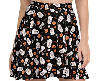 Halloween Ghost Skirt, Black White and Orange Floral Ghosts 3/4ths Circle Skater Skirt for Adults and Teens, XS-3XL