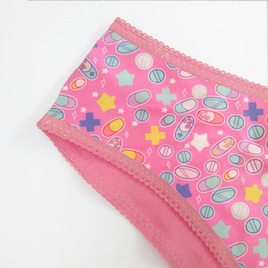 Menhera Pills Underwear for Women, Handmade High Rise Panties with Colorful Medical Pills and Solid Pink Back, &quot;Sweetie Pie&quot; Style