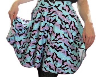 Pastelgoth Bat Skirt, Skater Circle Skirt with Bats on Blue and Purple Stripes, 3/4th Circle Skirt, Women's XS-3XL