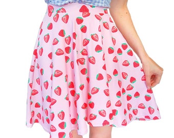 Strawberry Cottagecore Skirt, Pink Kawaii Clothing with Scattered Strawberries, Skater 3/4ths Circle, cute fashion, XS-3XL