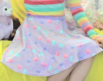 Purple Fairy Kei Skirt, Kawaii Jfashion A Line Skater Skirt Featuring Hearts Stars and Confetti, XS-3XL