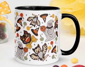 Vintage Halloween White Color Inside Mug - Spooky Ceramic 11oz Coffee Cup for Hot Fall Drinks, Dishwasher Microwave Safe