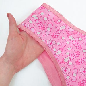 Pink Menhera Panties- Medikawaii Print Underwear for Women, Handmade "Sweetie Pie" High Leg Cut